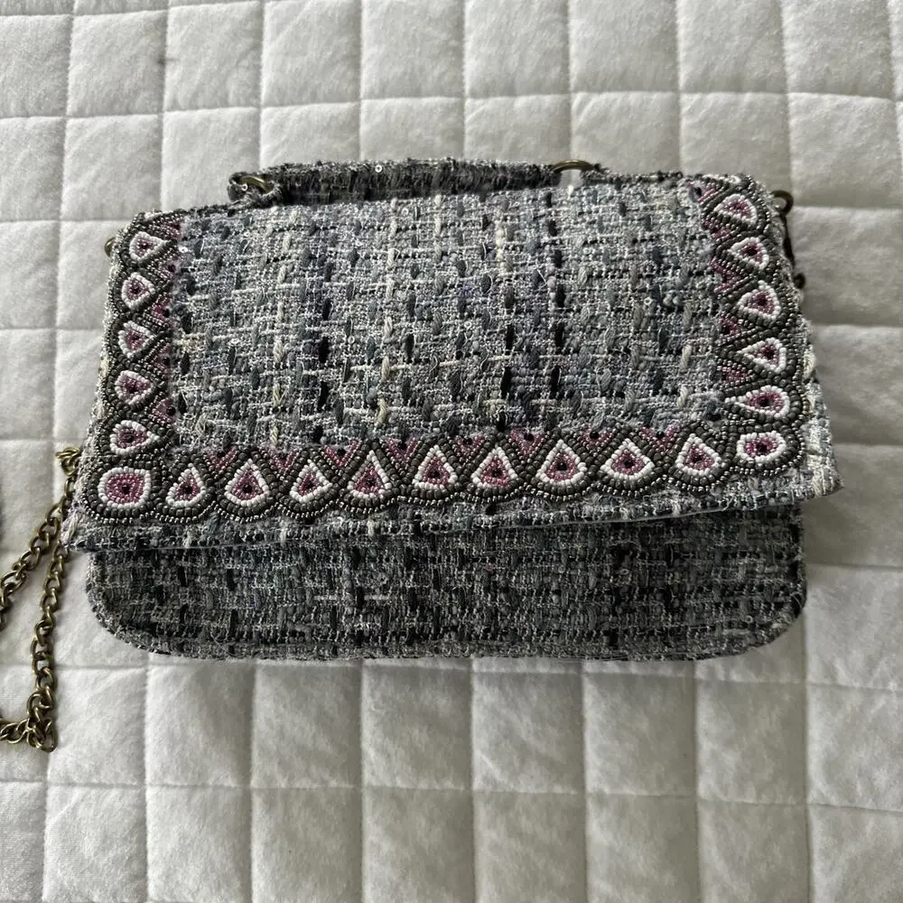 America & Beyond Shoulder Bag Blue Tweed Beaded Chain Crossbody Strap Preppy